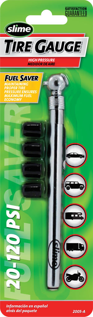 Slime® Chrome Pencil Tyre Gauge with Valve Caps (20-120 psi)
